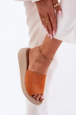 Zamszowe Klapki Damskie Na Koturnie Panto Fino RR267039 Pomarańczowe