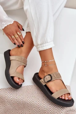 Zamszowe Klapki Damskie Na Platformie Zazoo 3024 Beżowe