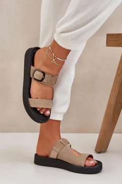 Zamszowe Klapki Damskie Na Platformie Zazoo 3024 Beżowe