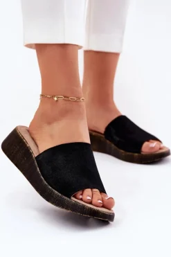 Zamszowe Klapki Damskie Na Koturnie Panto Fino RR267043 Czarne