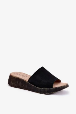 Zamszowe Klapki Damskie Na Koturnie Panto Fino RR267043 Czarne