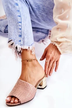 Zamszowe Klapki Damskie Na Obcasie Jasnoróżowe Perry