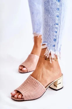 Zamszowe Klapki Damskie Na Obcasie Jasnoróżowe Perry