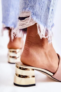 Zamszowe Klapki Damskie Na Obcasie Jasnoróżowe Perry