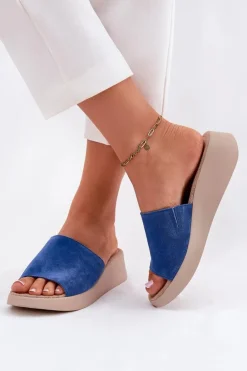 Zamszowe Klapki Damskie Na Koturnie Panto Fino RR267041 Niebieskie