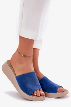 Zamszowe Klapki Damskie Na Koturnie Panto Fino RR267041 Niebieskie