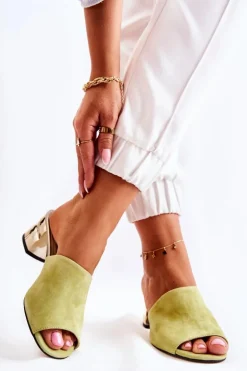 Zamszowe Klapki Damskie Na Obcasie Zielone Perry