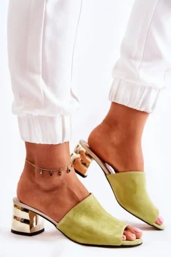 Zamszowe Klapki Damskie Na Obcasie Zielone Perry