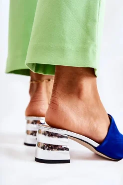 Zamszowe Klapki Damskie Na Obcasie Granatowe Perry