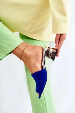 Zamszowe Klapki Damskie Na Obcasie Granatowe Perry