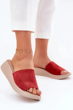 Zamszowe Klapki Damskie Na Koturnie Panto Fino RR267040 Czerwone