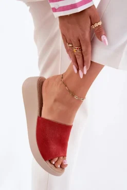 Zamszowe Klapki Damskie Na Koturnie Panto Fino RR267040 Czerwone