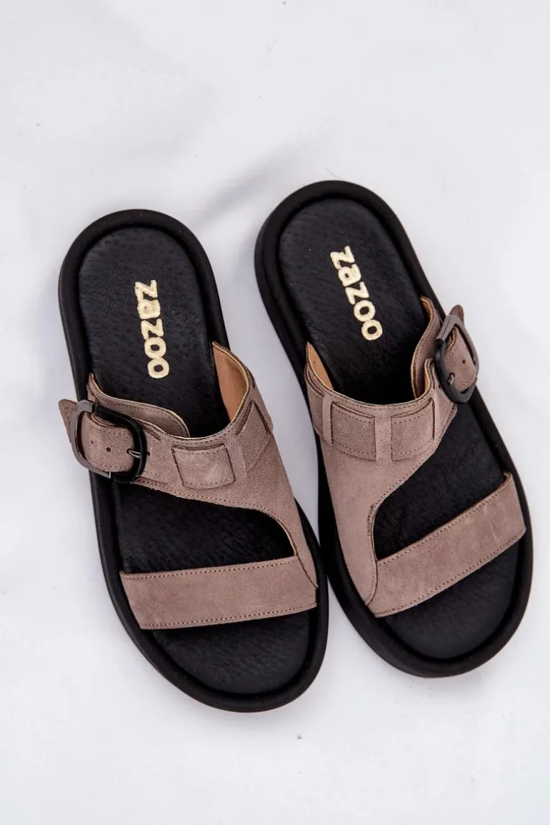 Zamszowe Klapki Damskie Na Platformie Zazoo 3024 Brązowe