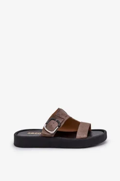 Zamszowe Klapki Damskie Na Platformie Zazoo 3024 Brązowe