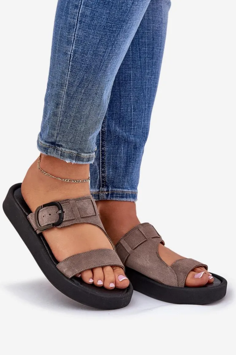 Zamszowe Klapki Damskie Na Platformie Zazoo 3024 Brązowe