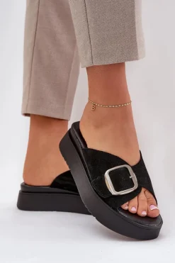 Zamszowe Klapki Damskie Z Klamrą Na Platformie Zazoo 3019 Czarne