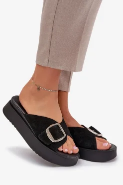 Zamszowe Klapki Damskie Z Klamrą Na Platformie Zazoo 3019 Czarne