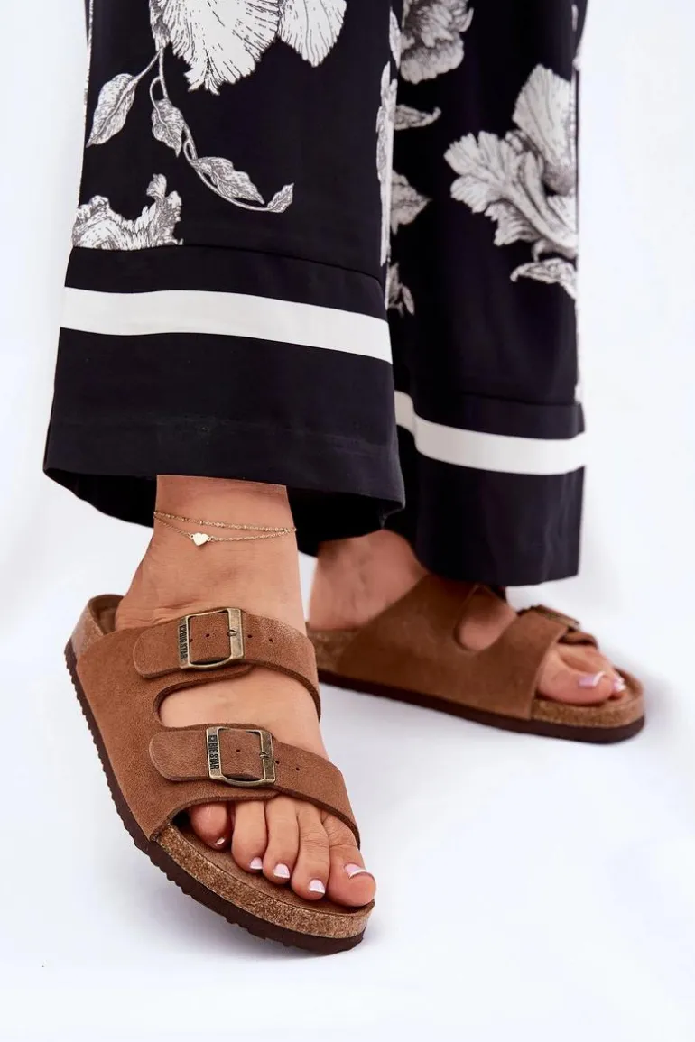 Zamszowe Klapki Damskie Z Klamrami Big Star RR274A394 Brązowe