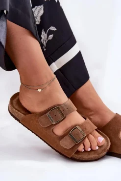 Zamszowe Klapki Damskie Z Klamrami Big Star RR274A394 Brązowe