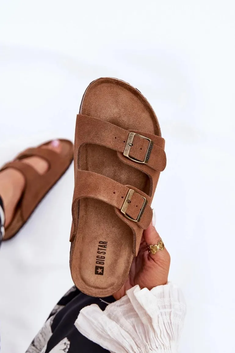 Zamszowe Klapki Damskie Z Klamrami Big Star RR274A394 Brązowe