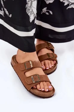 Zamszowe Klapki Damskie Z Klamrami Big Star RR274A394 Brązowe