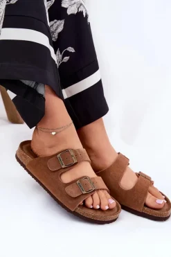 Zamszowe Klapki Damskie Z Klamrami Big Star RR274A394 Brązowe