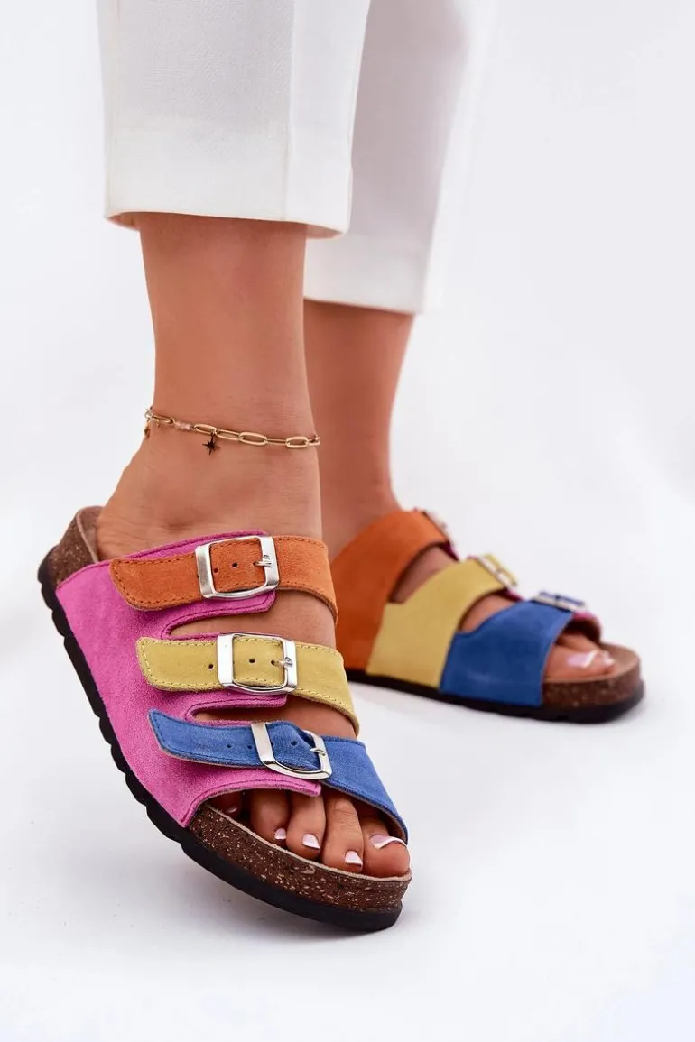 Zamszowe Klapki Damskie Z Klamrami Panto Fino RR267033 Fuksja