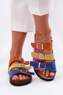 Zamszowe Klapki Damskie Z Klamrami Panto Fino RR267033 Fuksja