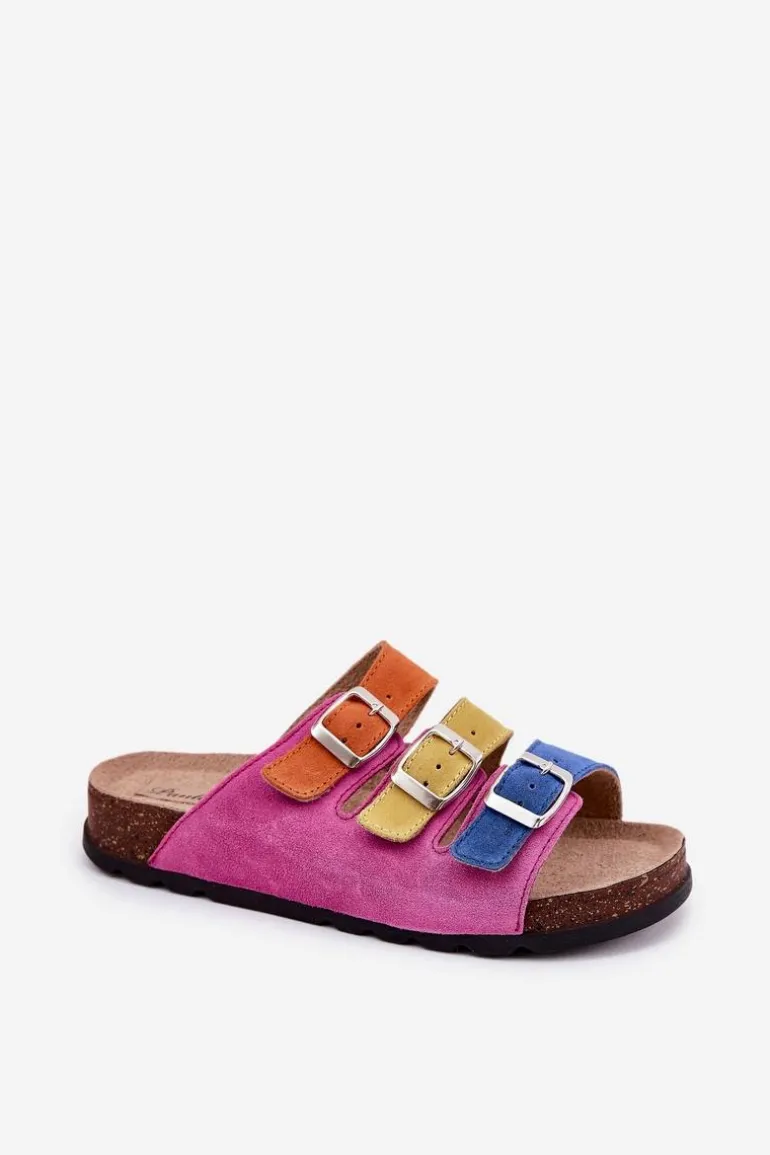 Zamszowe Klapki Damskie Z Klamrami Panto Fino RR267033 Fuksja