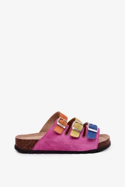 Zamszowe Klapki Damskie Z Klamrami Panto Fino RR267033 Fuksja