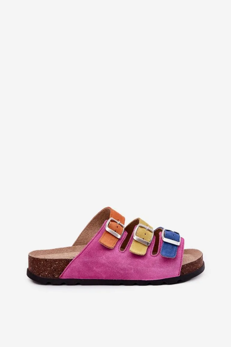 Zamszowe Klapki Damskie Z Klamrami Panto Fino RR267033 Fuksja