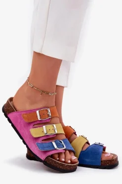 Zamszowe Klapki Damskie Z Klamrami Panto Fino RR267033 Fuksja