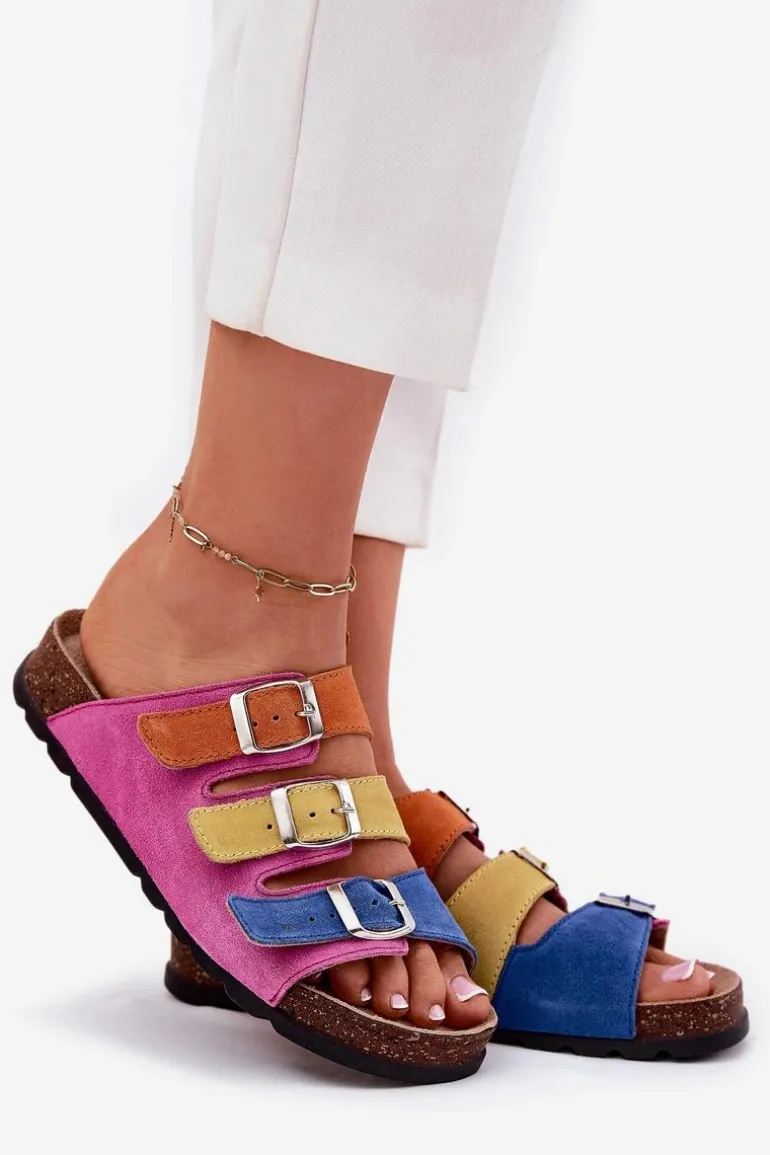 Zamszowe Klapki Damskie Z Klamrami Panto Fino RR267033 Fuksja