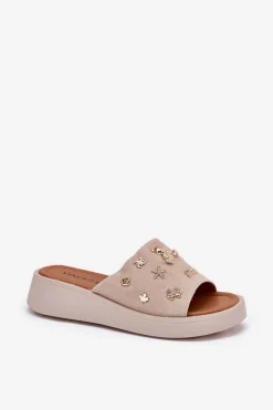 Zamszowe Klapki Damskie Z Przypinkami Vinceza 66741 Beżowe