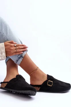 Zamszowe Klapki Damskie Z Futerkiem Czarne Haidamia