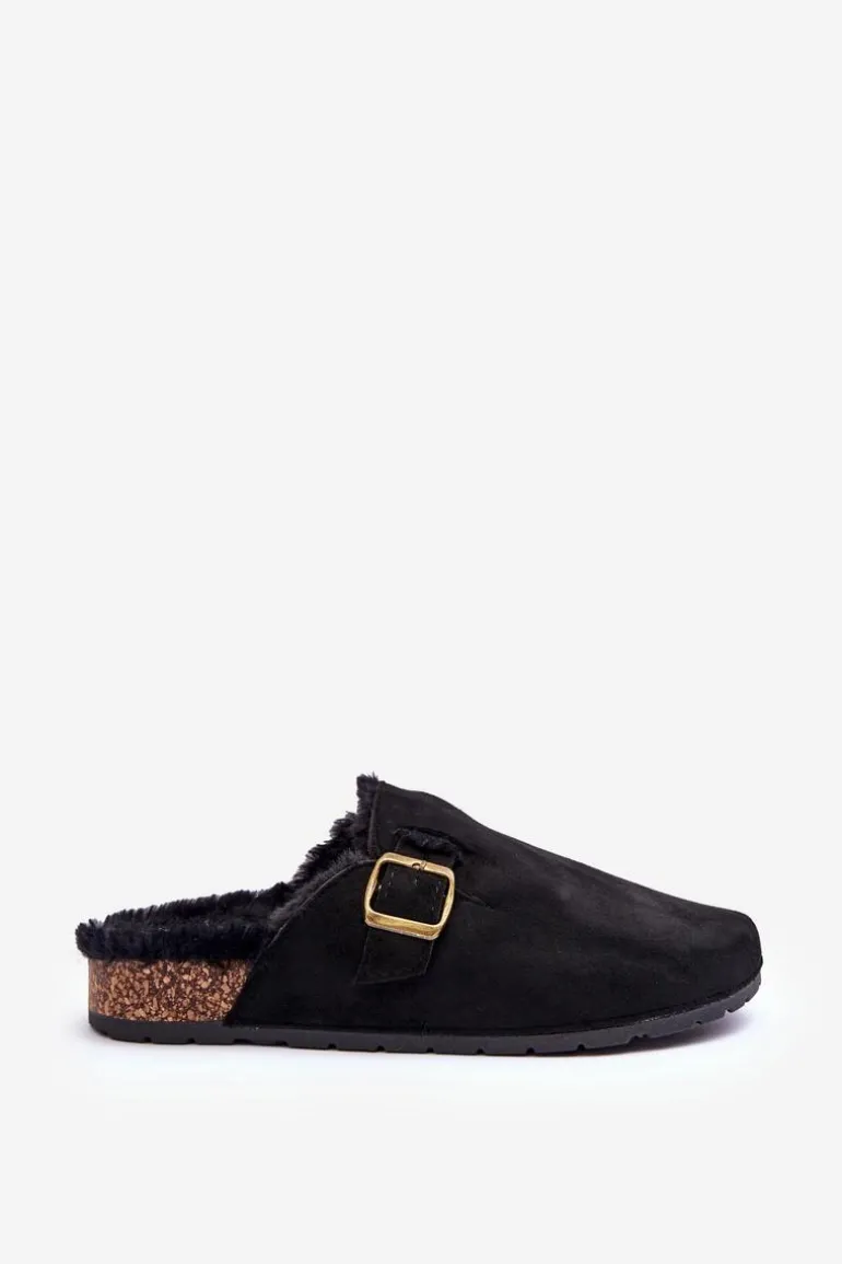 Zamszowe Klapki Damskie Z Futerkiem Czarne Haidamia
