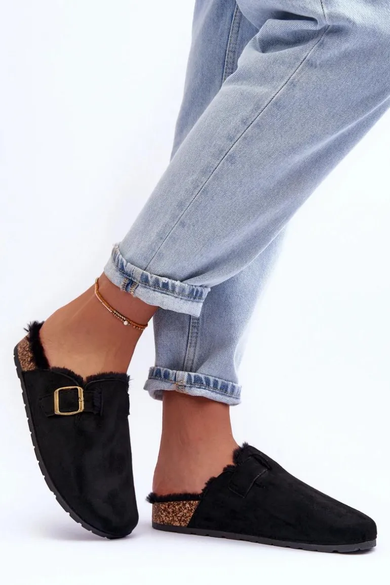 Zamszowe Klapki Damskie Z Futerkiem Czarne Haidamia