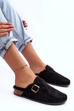 Zamszowe Klapki Damskie Z Futerkiem Czarne Haidamia