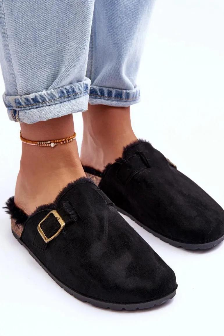 Zamszowe Klapki Damskie Z Futerkiem Czarne Haidamia