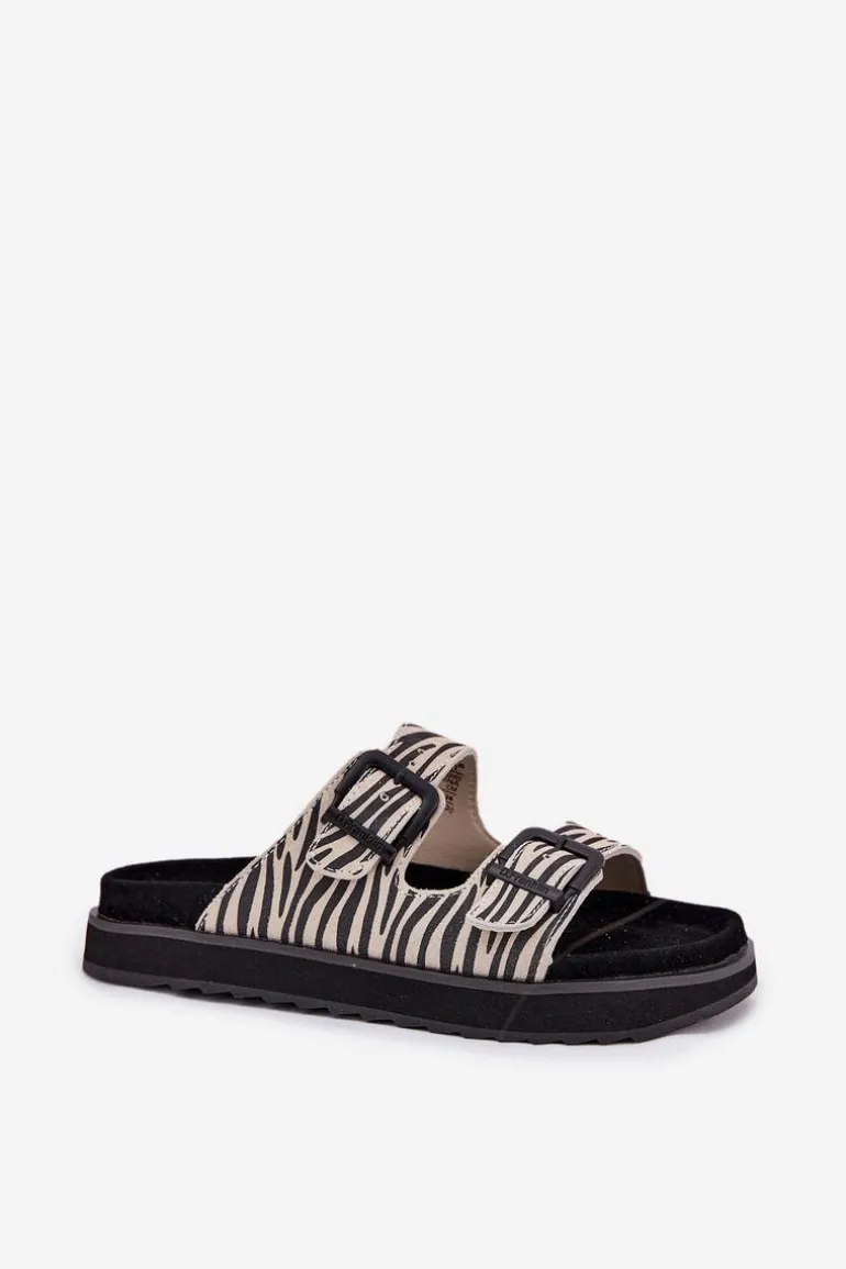 Zamszowe Klapki Damskie Z Klamrami D.Franklin DFSH405002 Zebra