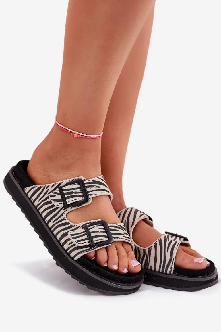 Zamszowe Klapki Damskie Z Klamrami D.Franklin DFSH405002 Zebra