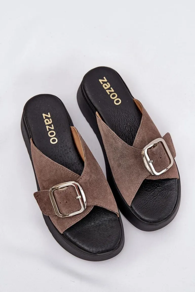 Zamszowe Klapki Damskie Z Klamrą Na Platformie Zazoo 3019 Brązowe