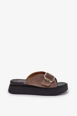 Zamszowe Klapki Damskie Z Klamrą Na Platformie Zazoo 3019 Brązowe