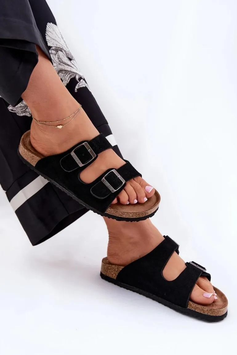 Zamszowe Klapki Damskie Z Klamrami Big Star RR274A390 Czarne