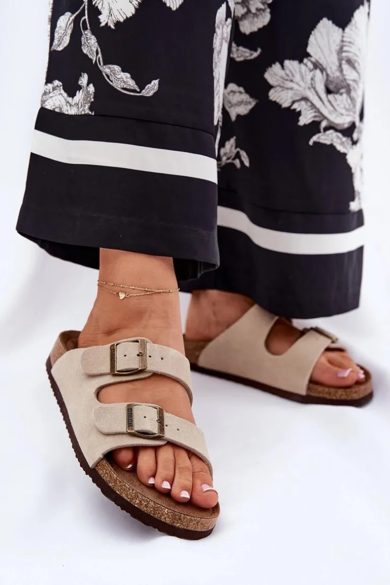 Zamszowe Klapki Damskie Z Klamrami Big Star RR274A391 Beżowe