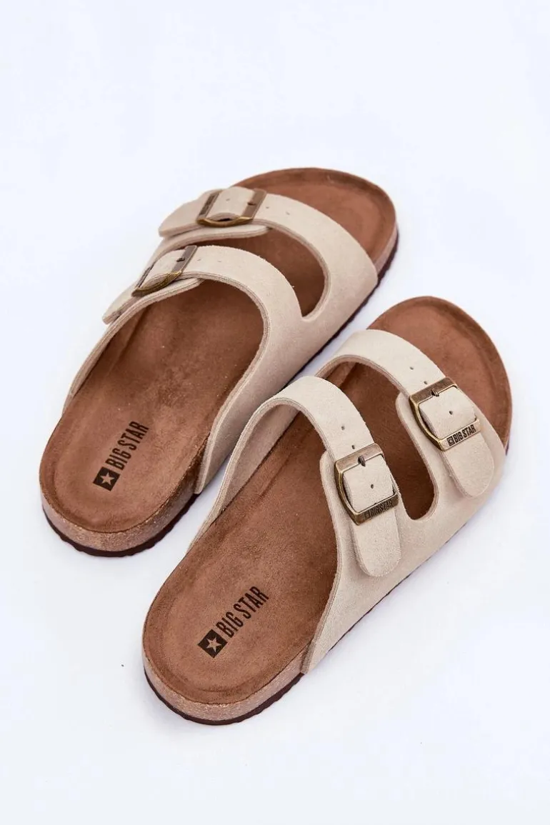 Zamszowe Klapki Damskie Z Klamrami Big Star RR274A391 Beżowe