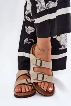 Zamszowe Klapki Damskie Z Klamrami Big Star RR274A391 Beżowe