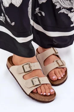 Zamszowe Klapki Damskie Z Klamrami Big Star RR274A391 Beżowe