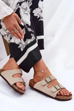 Zamszowe Klapki Damskie Z Klamrami Big Star RR274A391 Beżowe