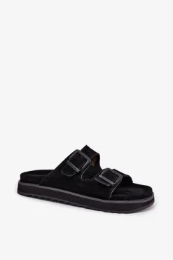 Zamszowe Klapki Damskie Z Klamrami D.Franklin DFSH405001 Czarne